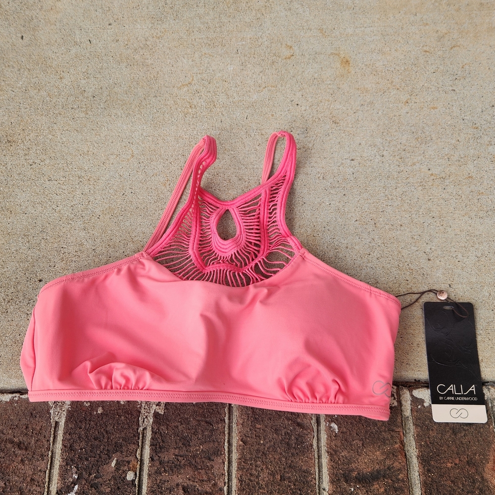 CALIA by Carrie Underwood Coral Pink High-Neck Swim Bikini Top with Macramé Back